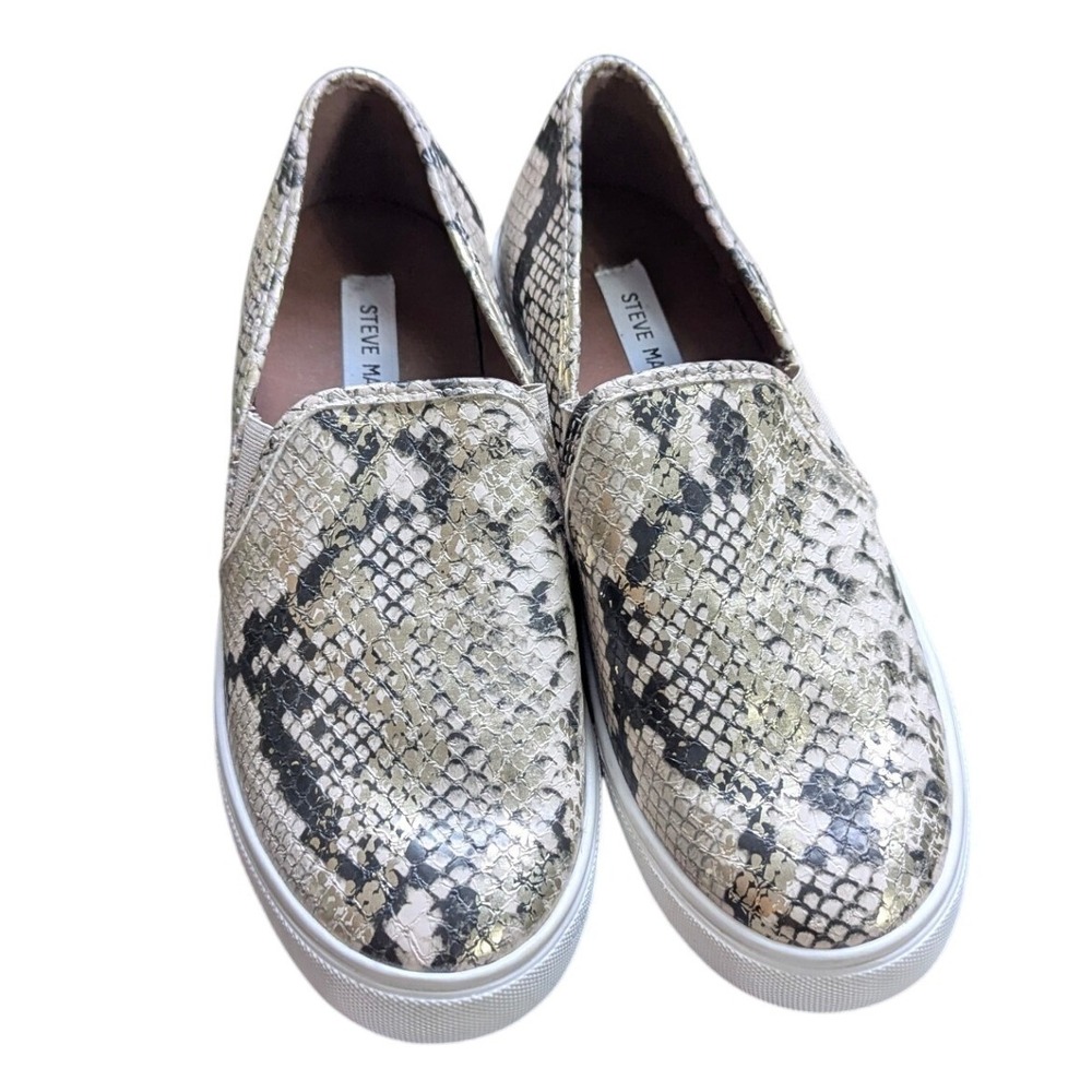 Steve Madden Slip On Sneaker Womens 9 Gold Faux Snakeskin Print Edgy Casual